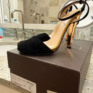 Gucci Black Suede and Gold Strappy Heels, 4 inch mirrored heel, peep toe.